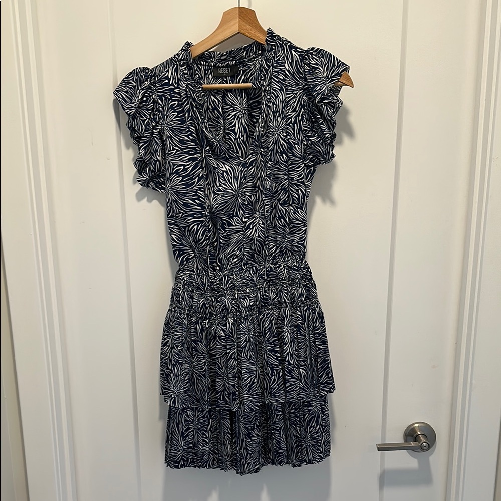 Navy and White Flutter Sleeve Mini Dress